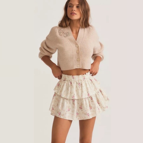 LoveShackFancy || Parasail Smocked Waist Tiered Mini Skirt Floral Ivory Medium - Picture 1 of 8